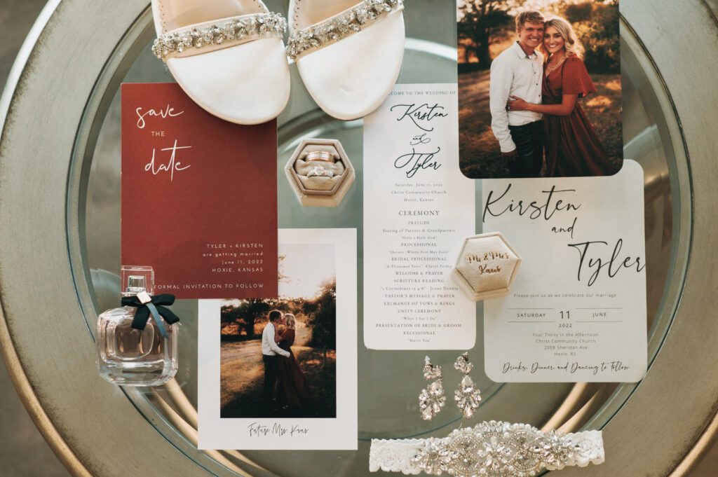 flatlay of brides shoes and jewelry